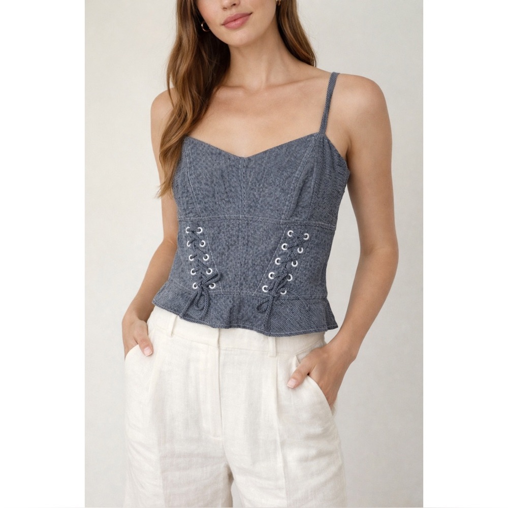 INTERMIX | Linen/Cotton Corset-Style Top with Lace-Up Detail, Size Small